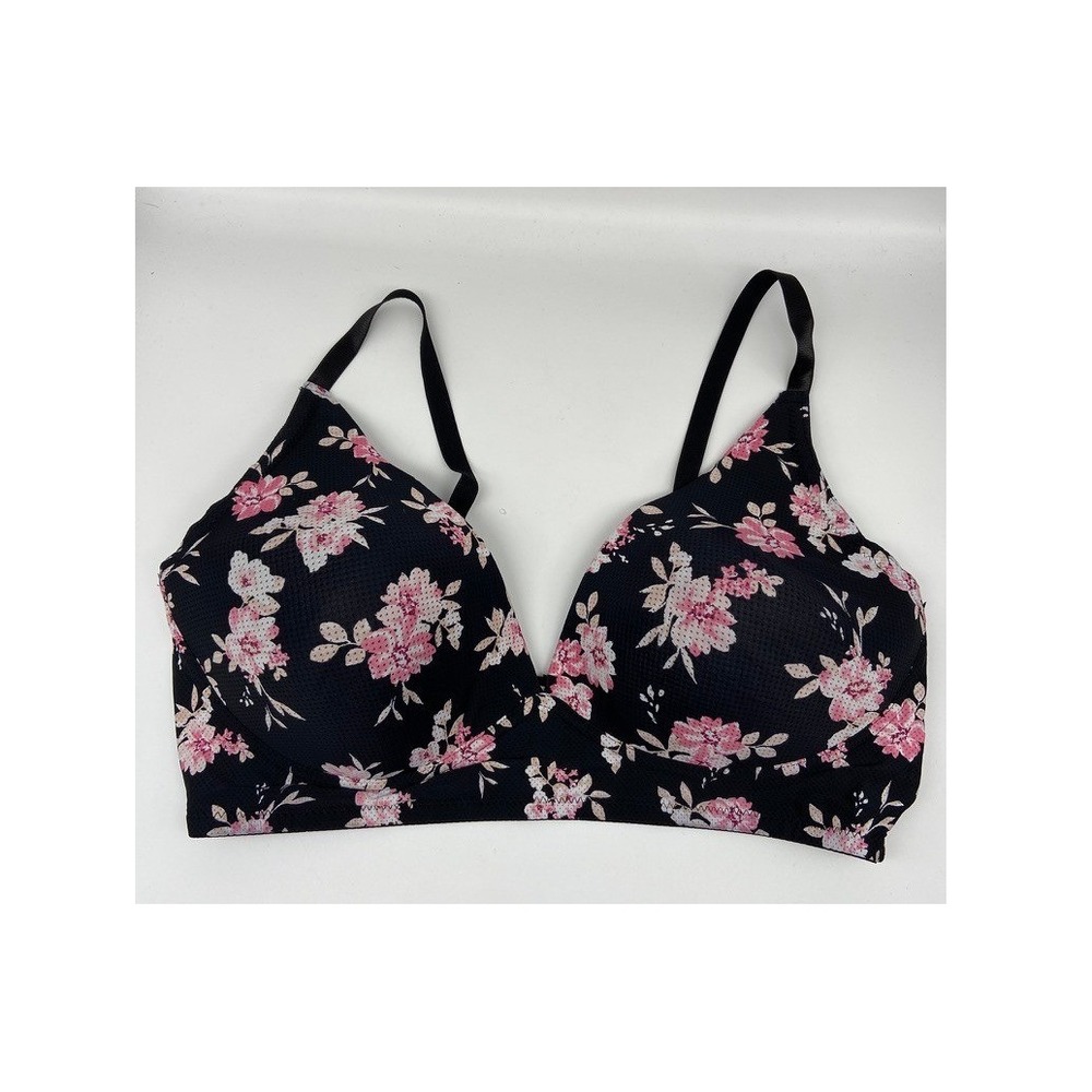 Laura Ashley Wireless Bra Womens 42D Black Pink Floral Padded Adjustable Straps‎